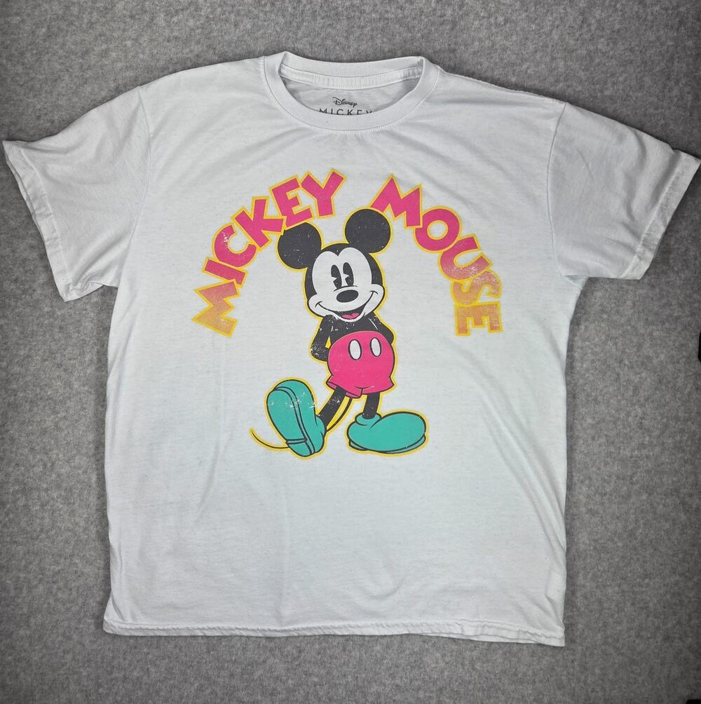 Disney Mickey Mouse Graphic Tee Shirt Adult XL White Jerry Leigh Retro Neon
